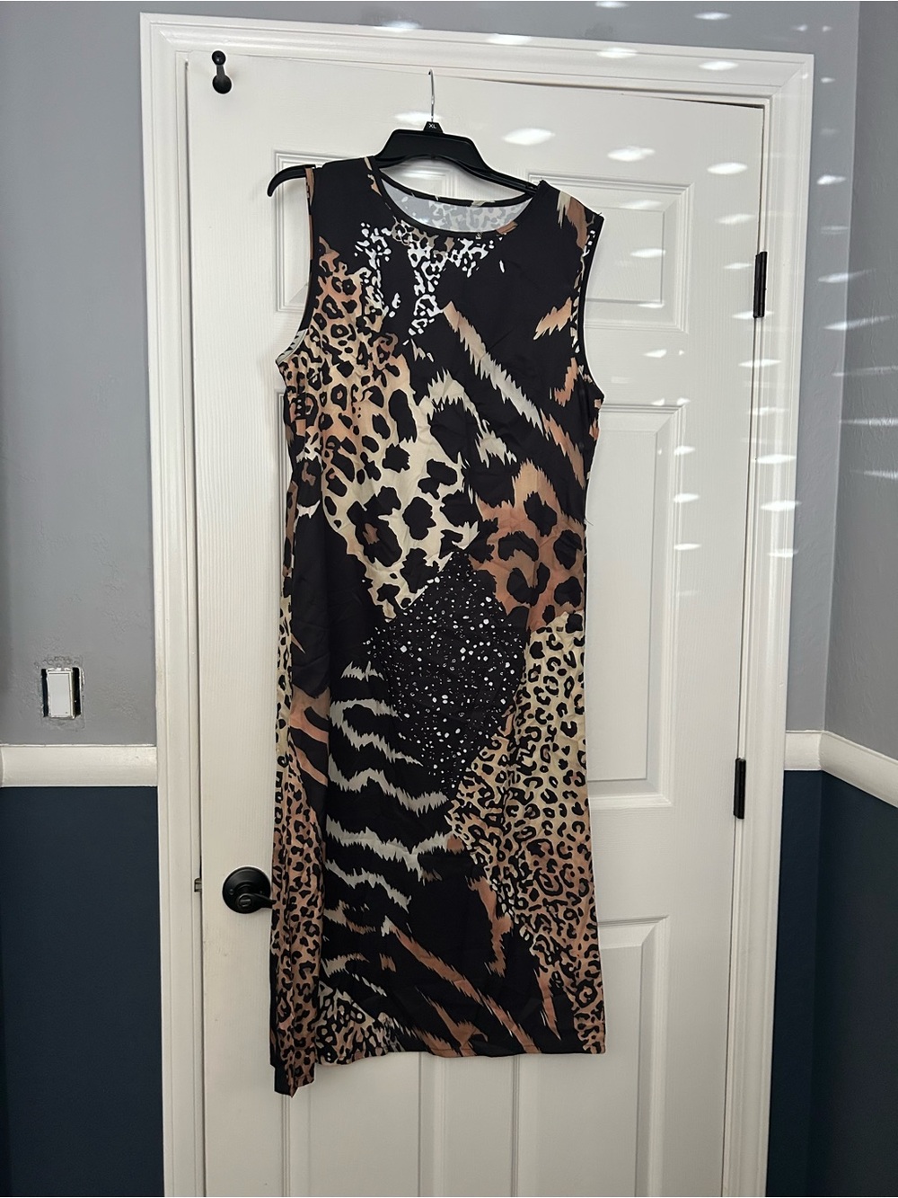 Sleeveless Animal-Print Midi Dress in Black and Brown